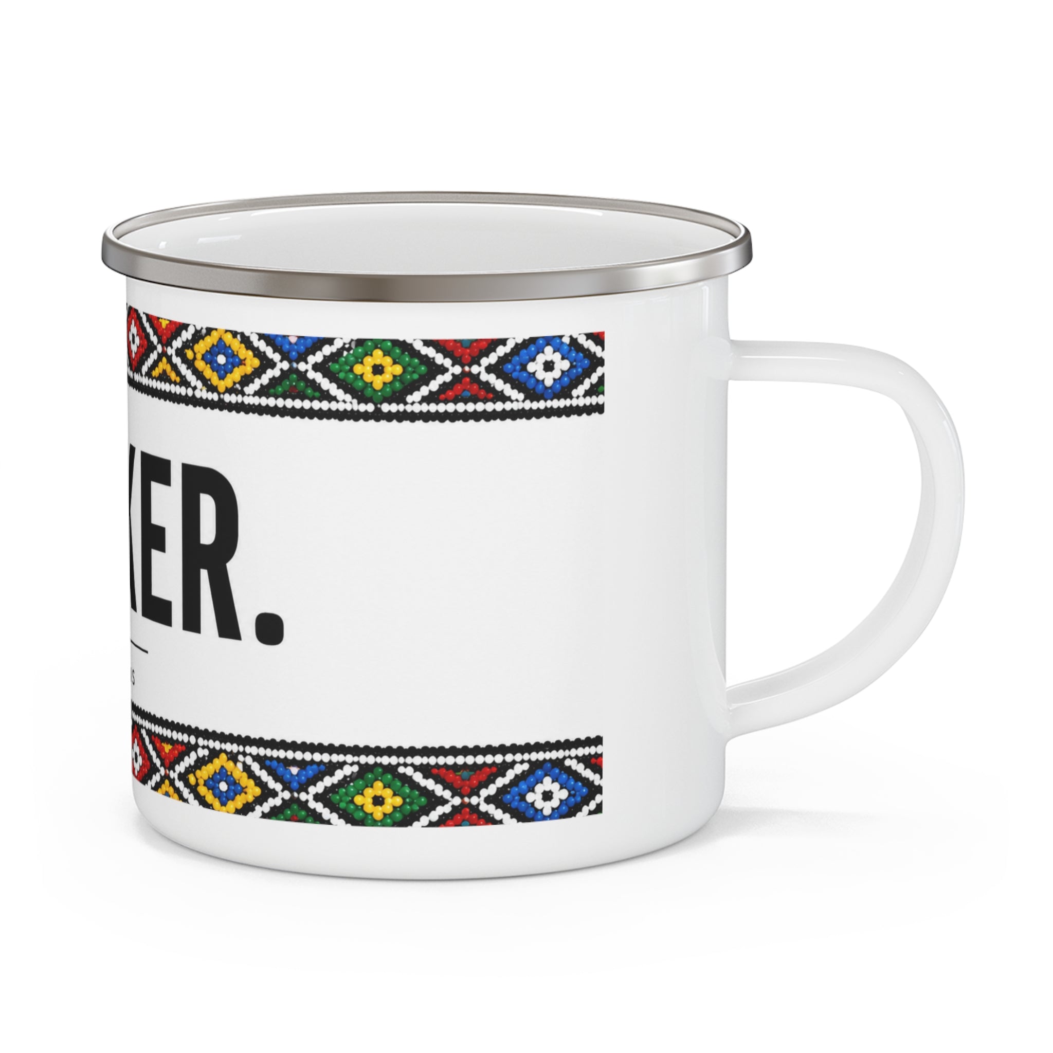 Lekker Enamel Camping Mug — South African Afrikaans Beverage Cup with Colorful Tribal Border