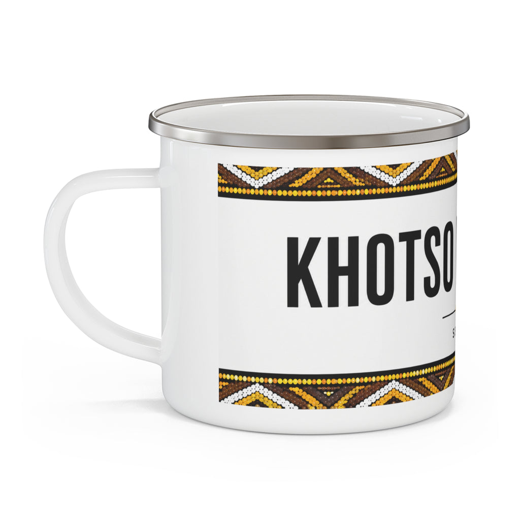 Enamel Camping Mug — "Khotso Pula Nala" Sesotho Tribal Pattern