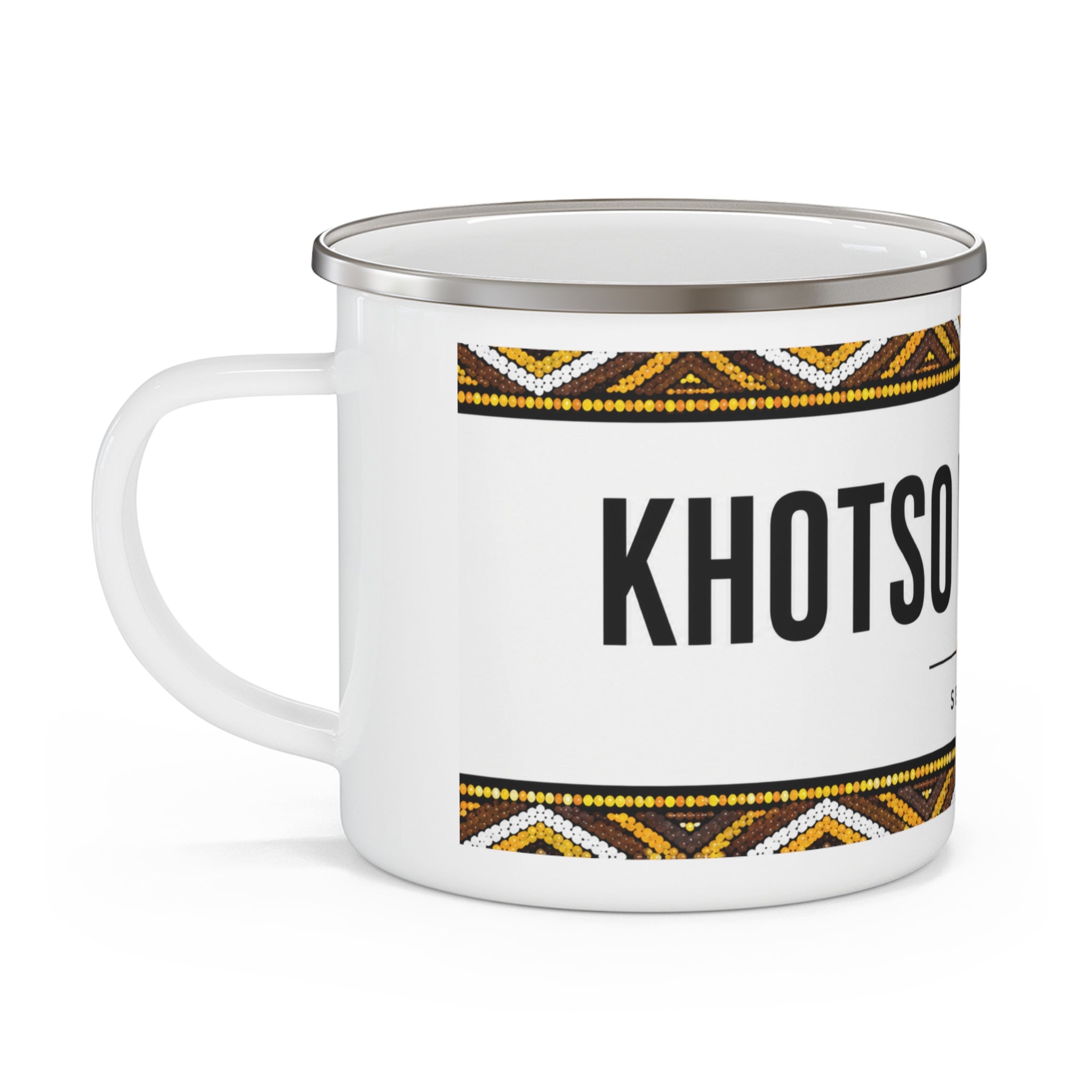 Enamel Camping Mug — "Khotso Pula Nala" Sesotho Tribal Pattern
