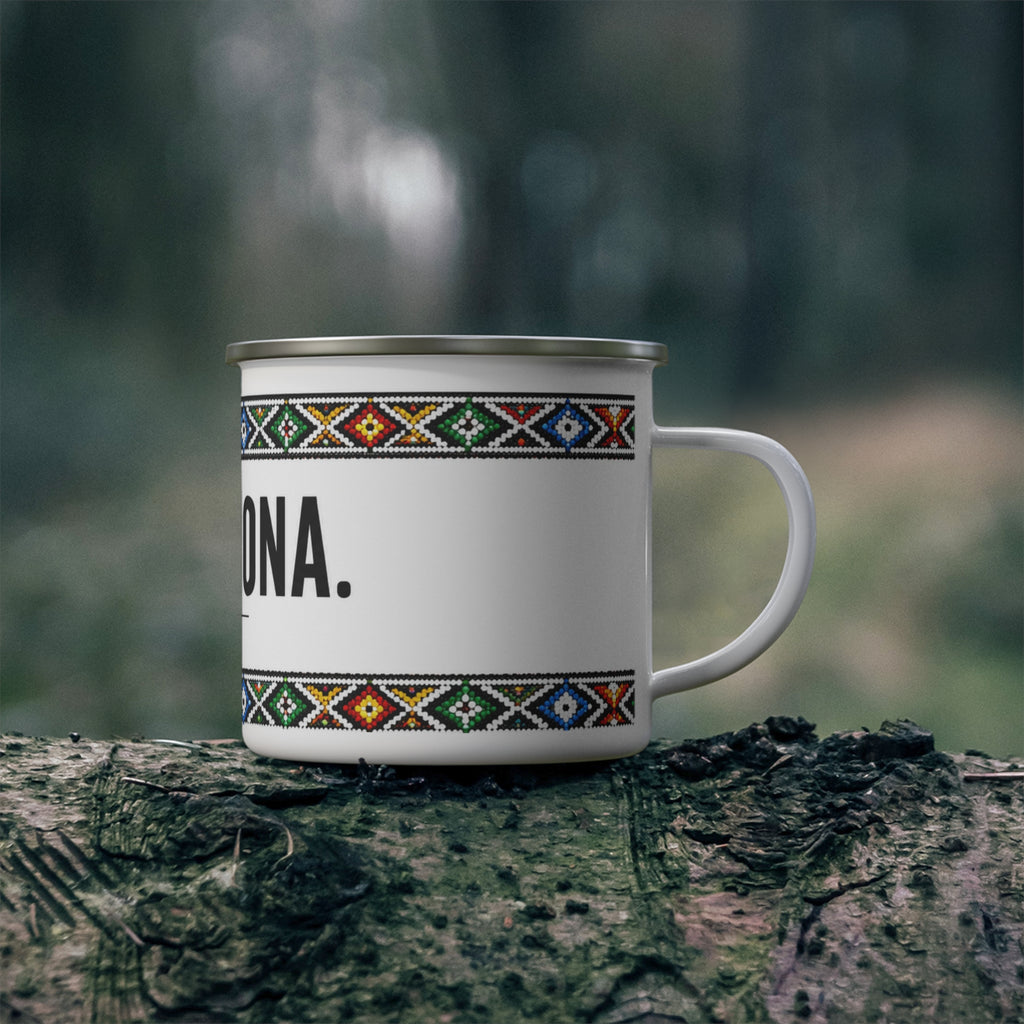 Enamel Camping Mug — "Sawubona" Zulu Greeting Mug with Colorful African Bead Border
