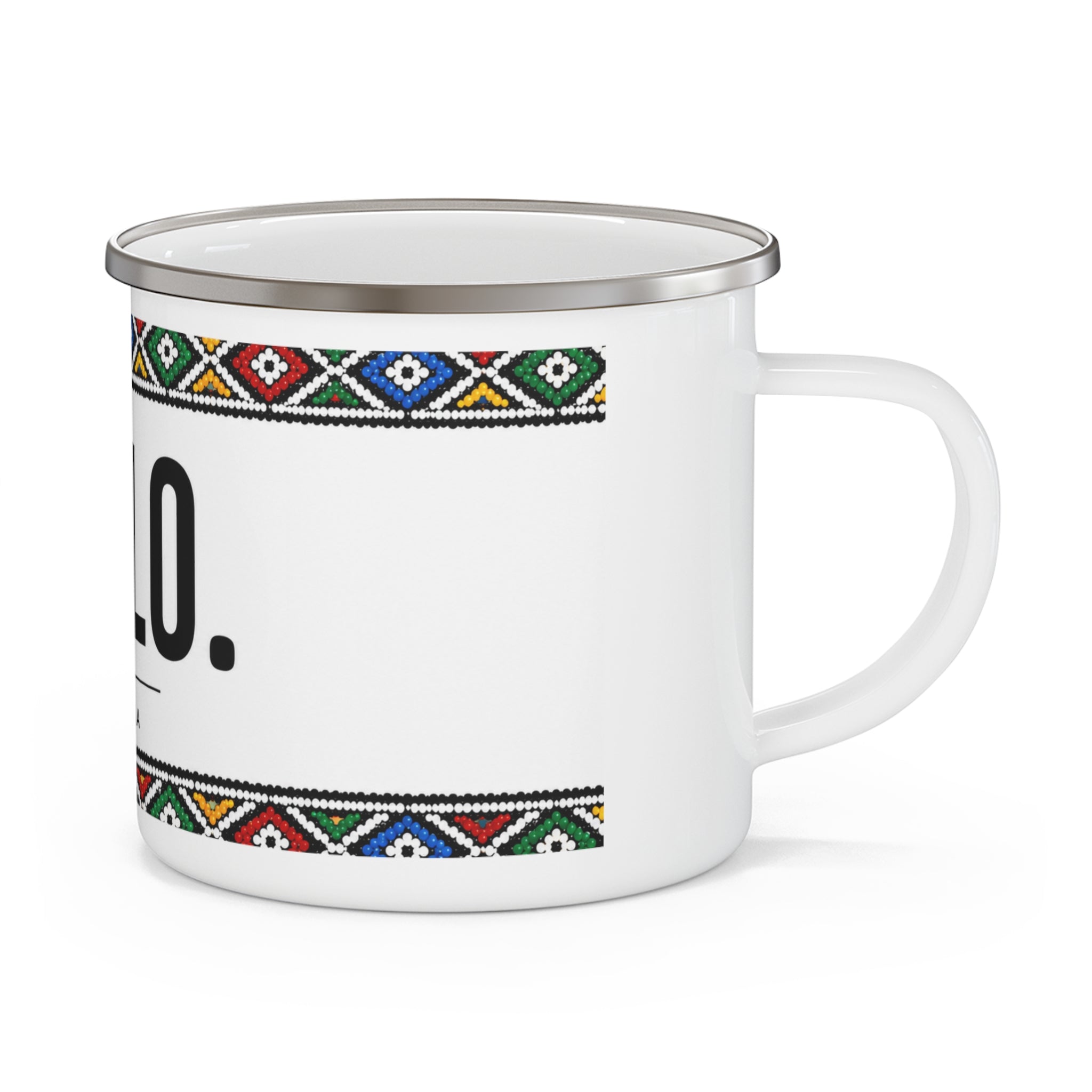 Enamel Mug — "MOLO." IsiXhosa Tribal Border Camping Cup