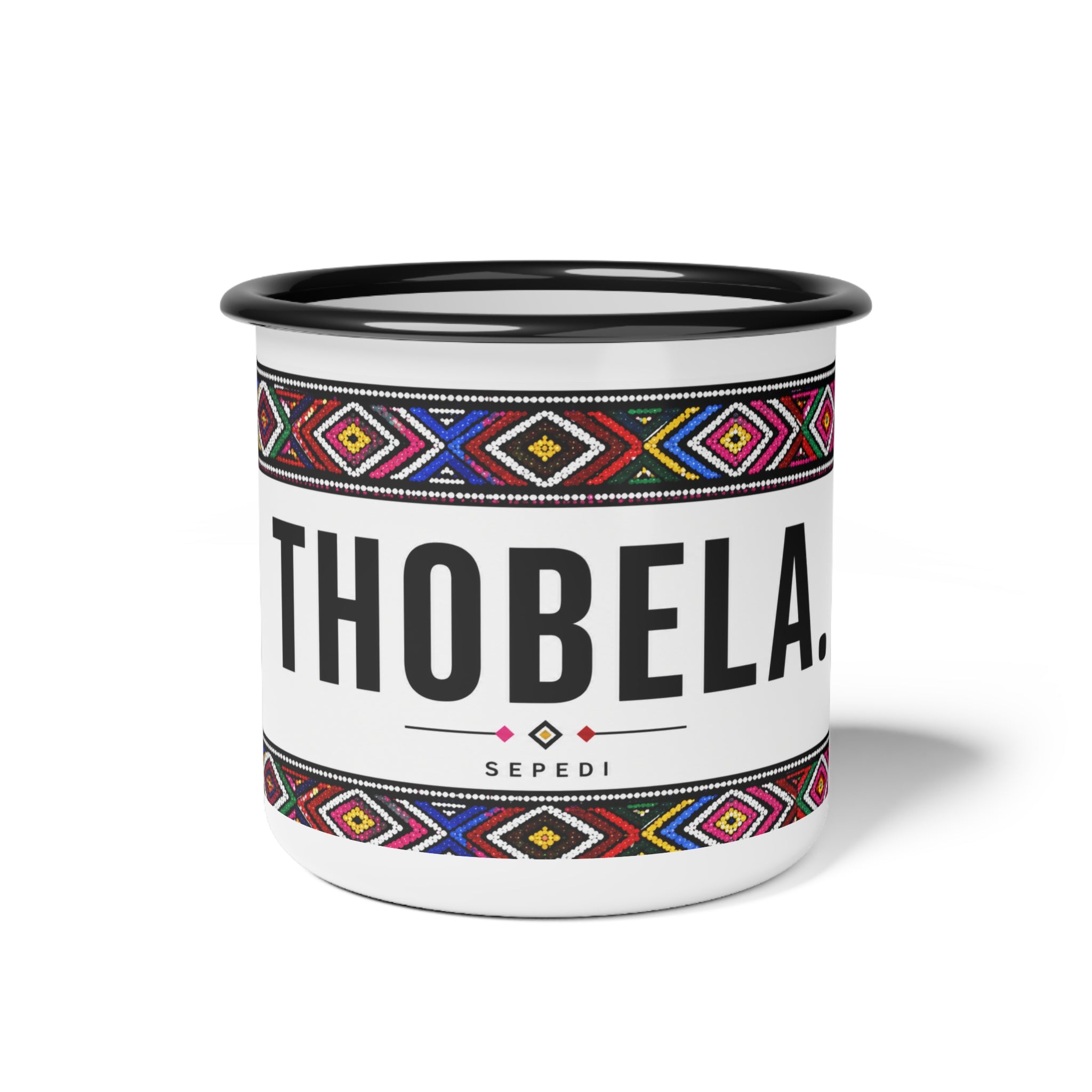 Enamel Camp Cup — 'THOBELA' Sepedi Tribal Pattern Camping Mug