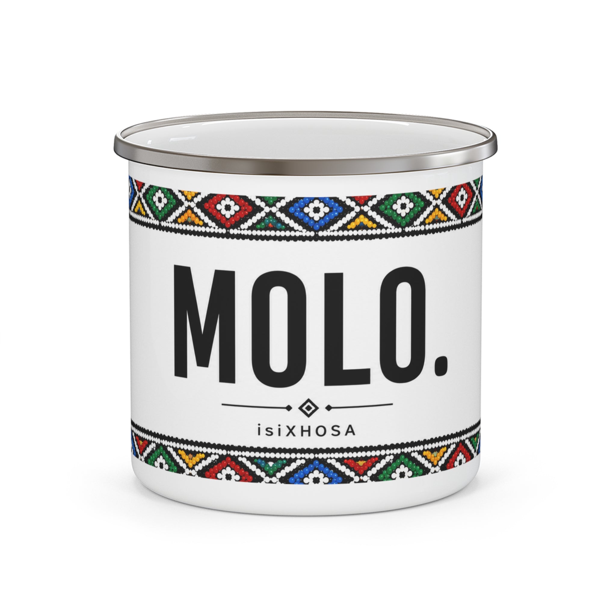 Enamel Mug — "MOLO." IsiXhosa Tribal Border Camping Cup