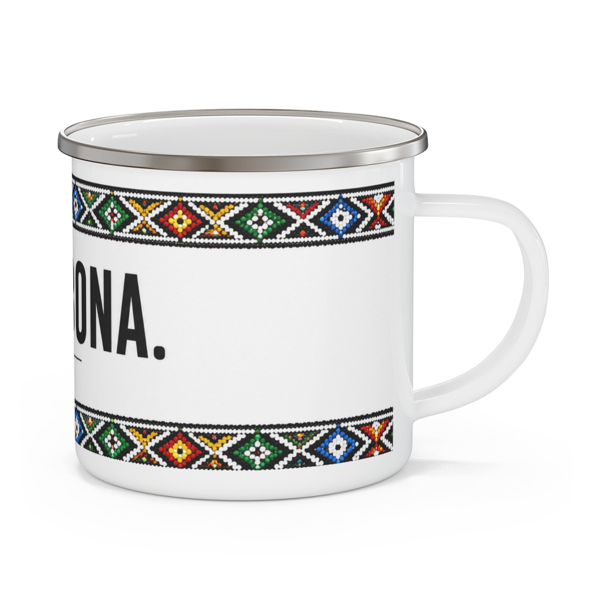 Enamel Camping Mug — "Sawubona" Zulu Greeting Mug with Colorful African Bead Border