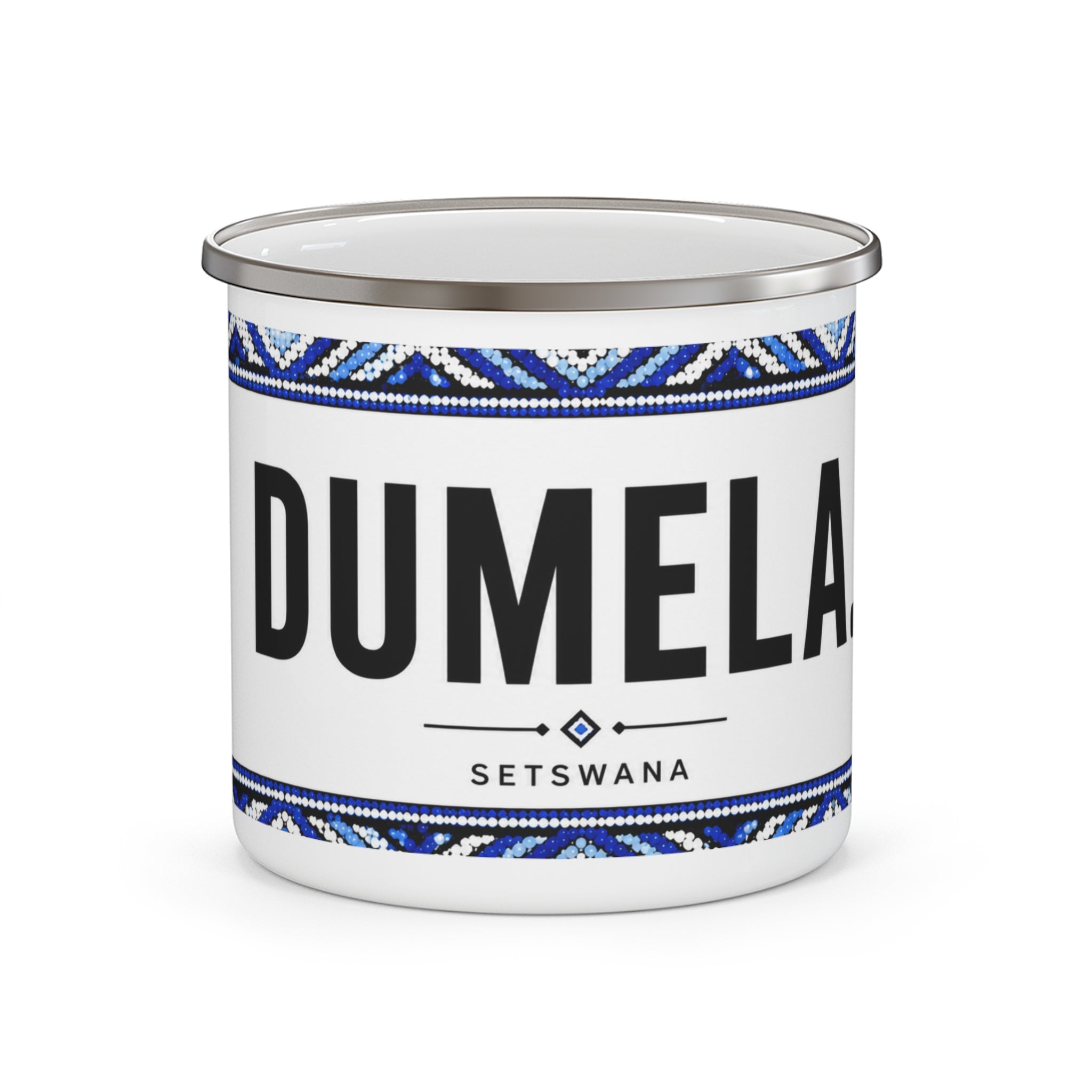 Dumela Enamel Camping Mug — Setswana Greeting Mug with Blue Tribal Border