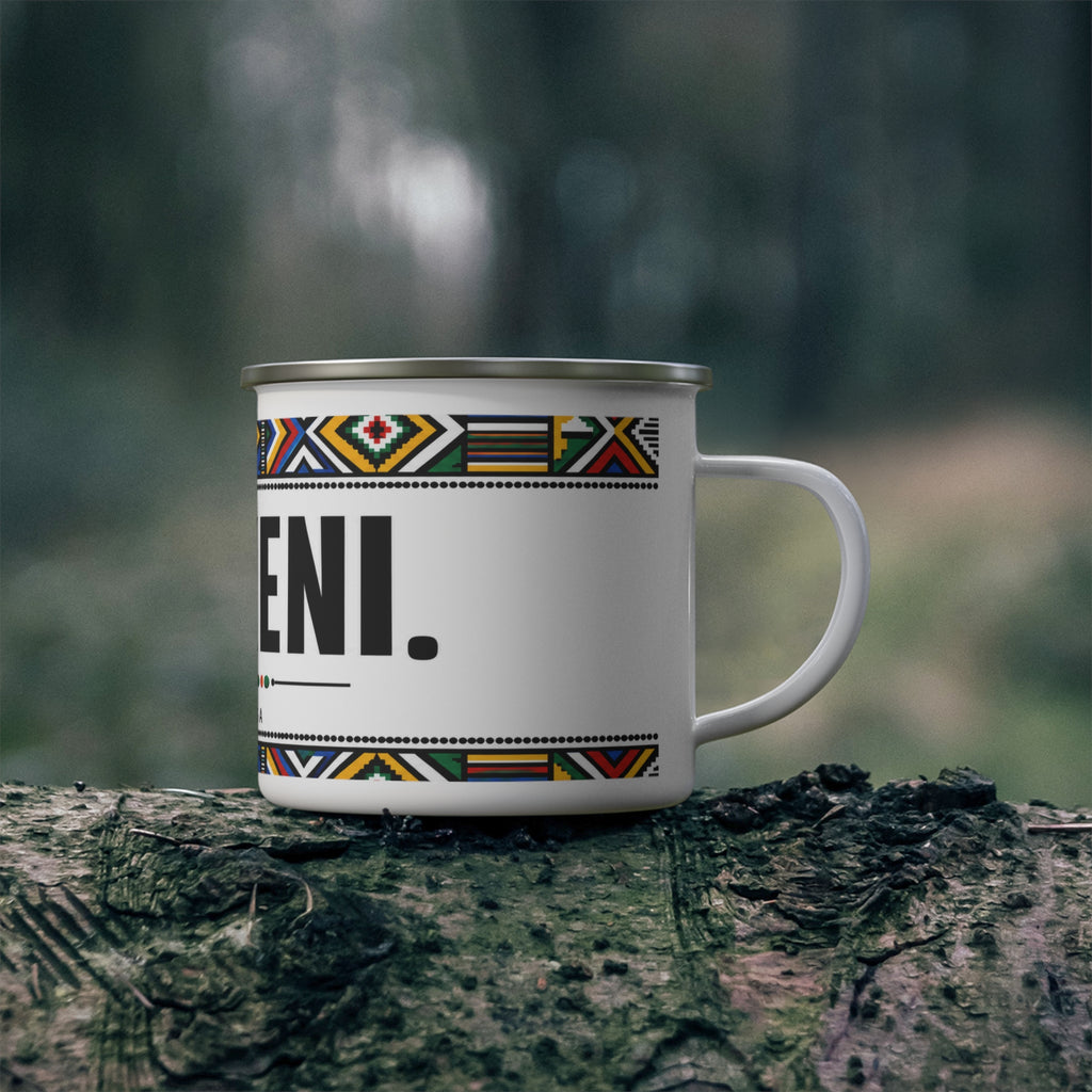 Enamel Camping Mug — 'Avuxeni' Xitsonga Tribal Pattern Outdoors Coffee Cup