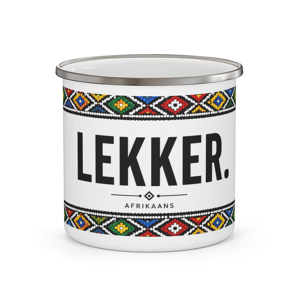 Lekker Enamel Camping Mug — South African Afrikaans Beverage Cup with Colorful Tribal Border