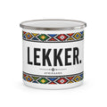 Lekker Enamel Camping Mug — South African Afrikaans Beverage Cup with Colorful Tribal Border