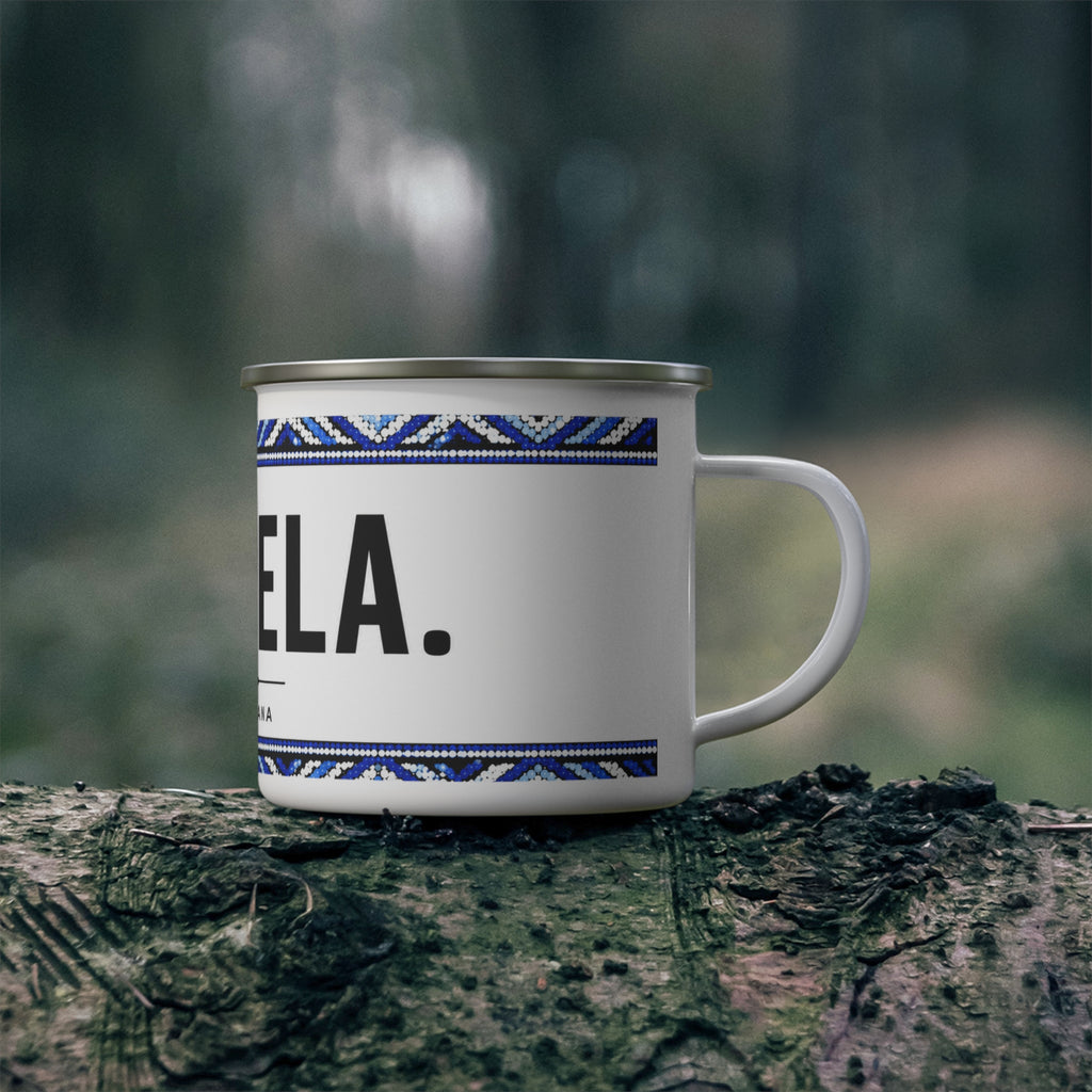 Dumela Enamel Camping Mug — Setswana Greeting Mug with Blue Tribal Border