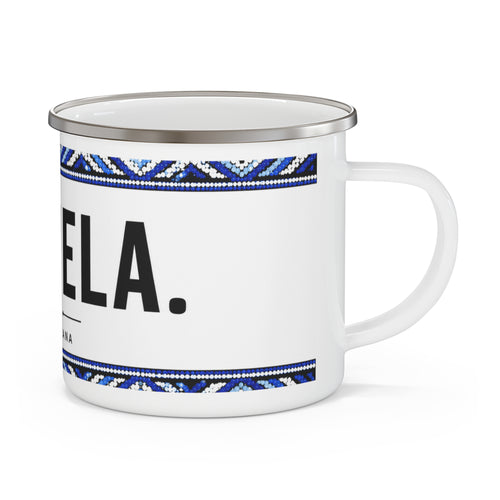 Dumela Enamel Camping Mug — Setswana Greeting Mug with Blue Tribal Border