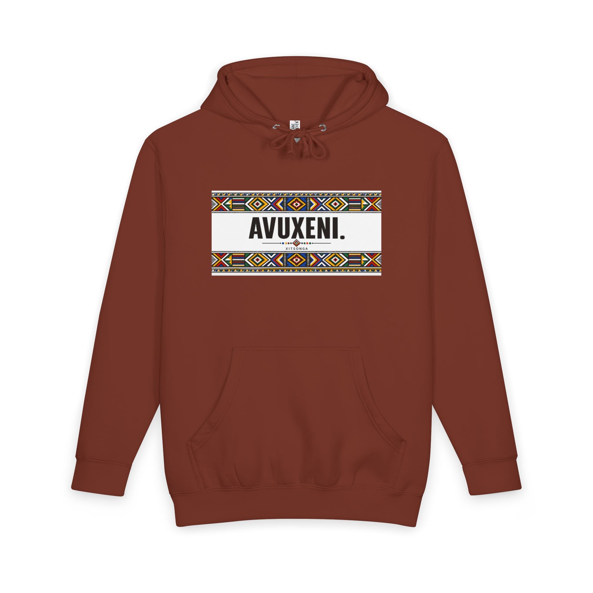 Avuxeni Hoodie — Indigenous Pattern Pullover with "Avuxeni" Text