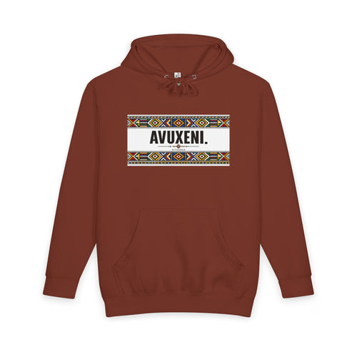 Avuxeni Hoodie — Indigenous Pattern Pullover with "Avuxeni" Text