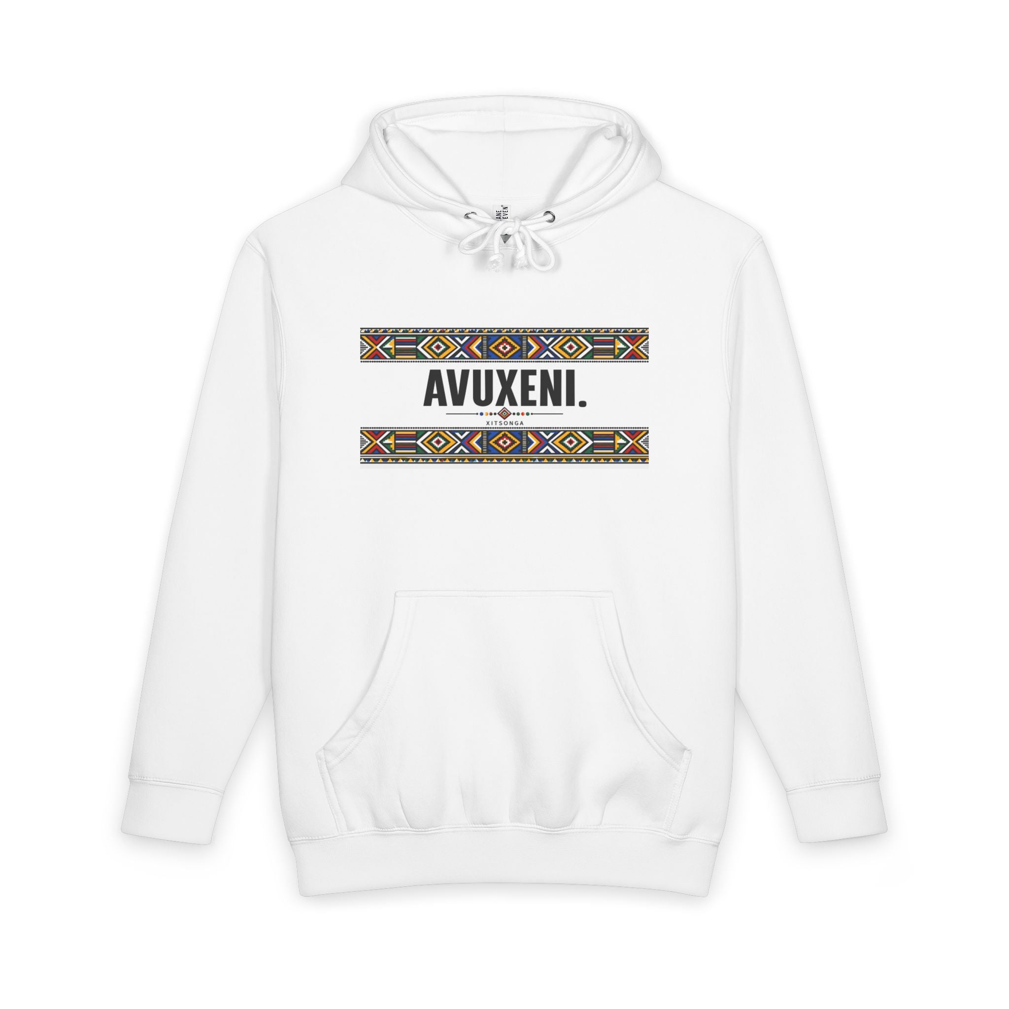 Avuxeni Hoodie — Indigenous Pattern Pullover with "Avuxeni" Text
