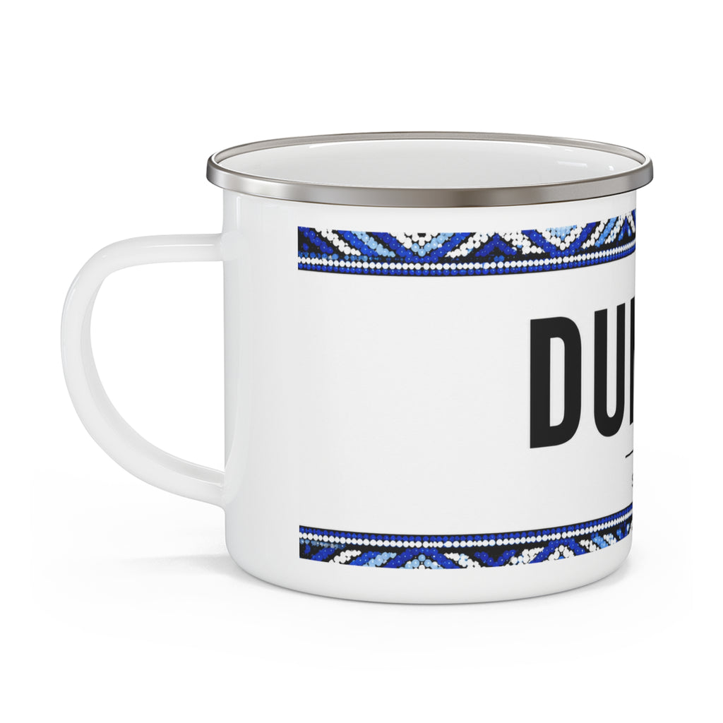 Dumela Enamel Camping Mug — Setswana Greeting Mug with Blue Tribal Border