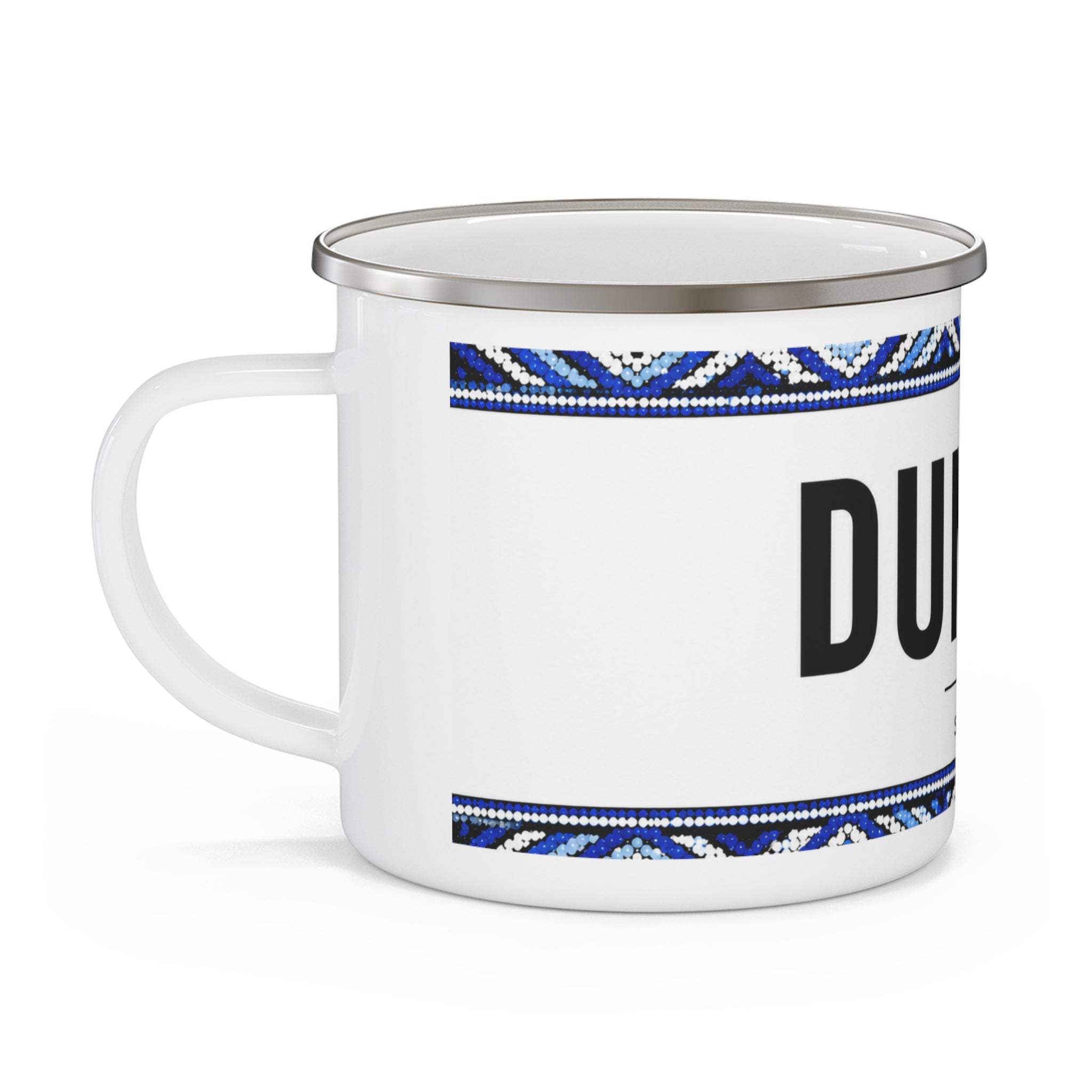 Dumela Enamel Camping Mug — Setswana Greeting Mug with Blue Tribal Border
