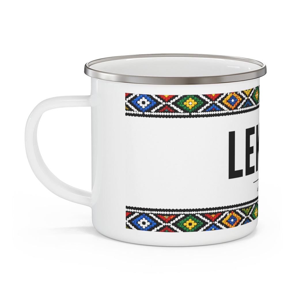 Lekker Enamel Camping Mug — South African Afrikaans Beverage Cup with Colorful Tribal Border