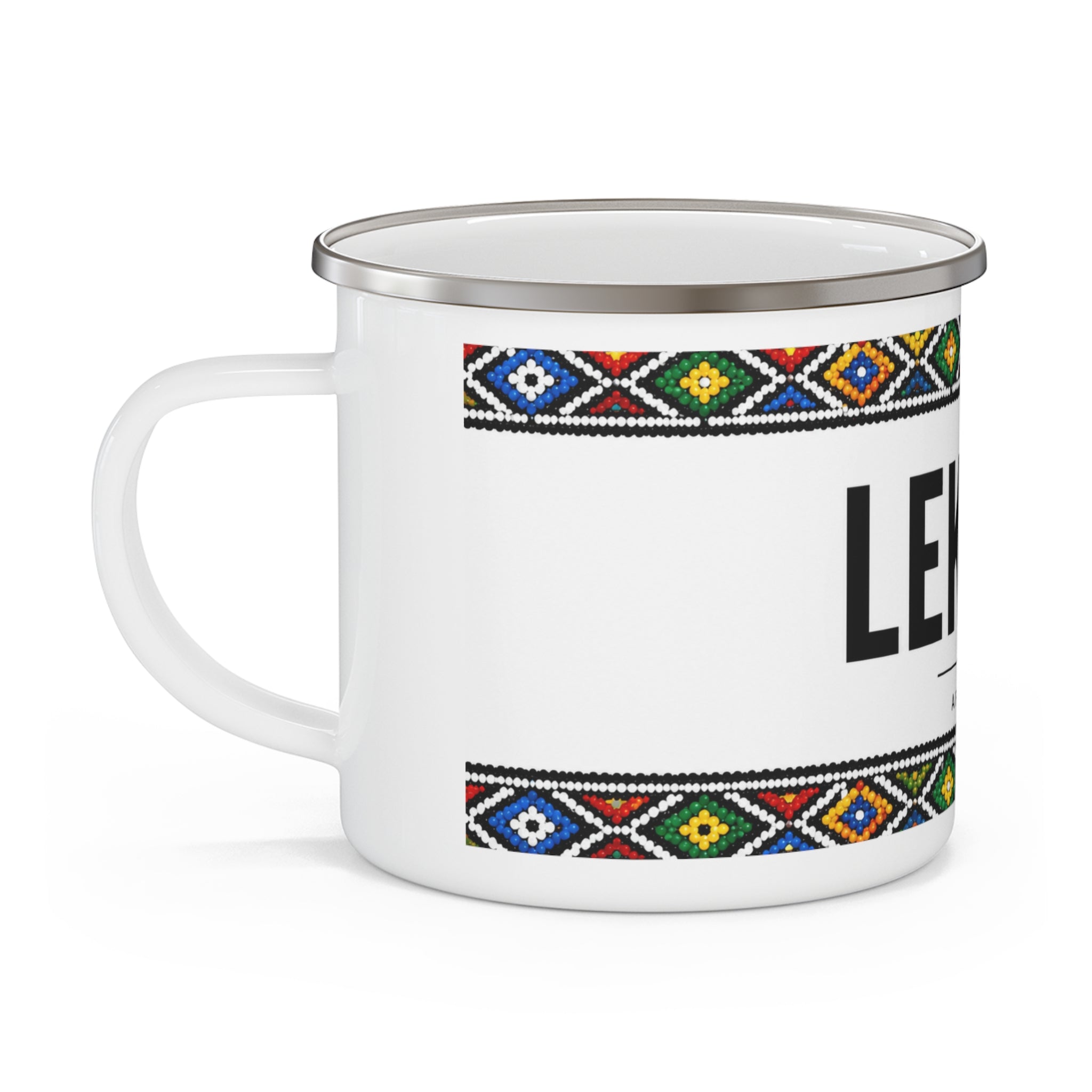 Lekker Enamel Camping Mug — South African Afrikaans Beverage Cup with Colorful Tribal Border