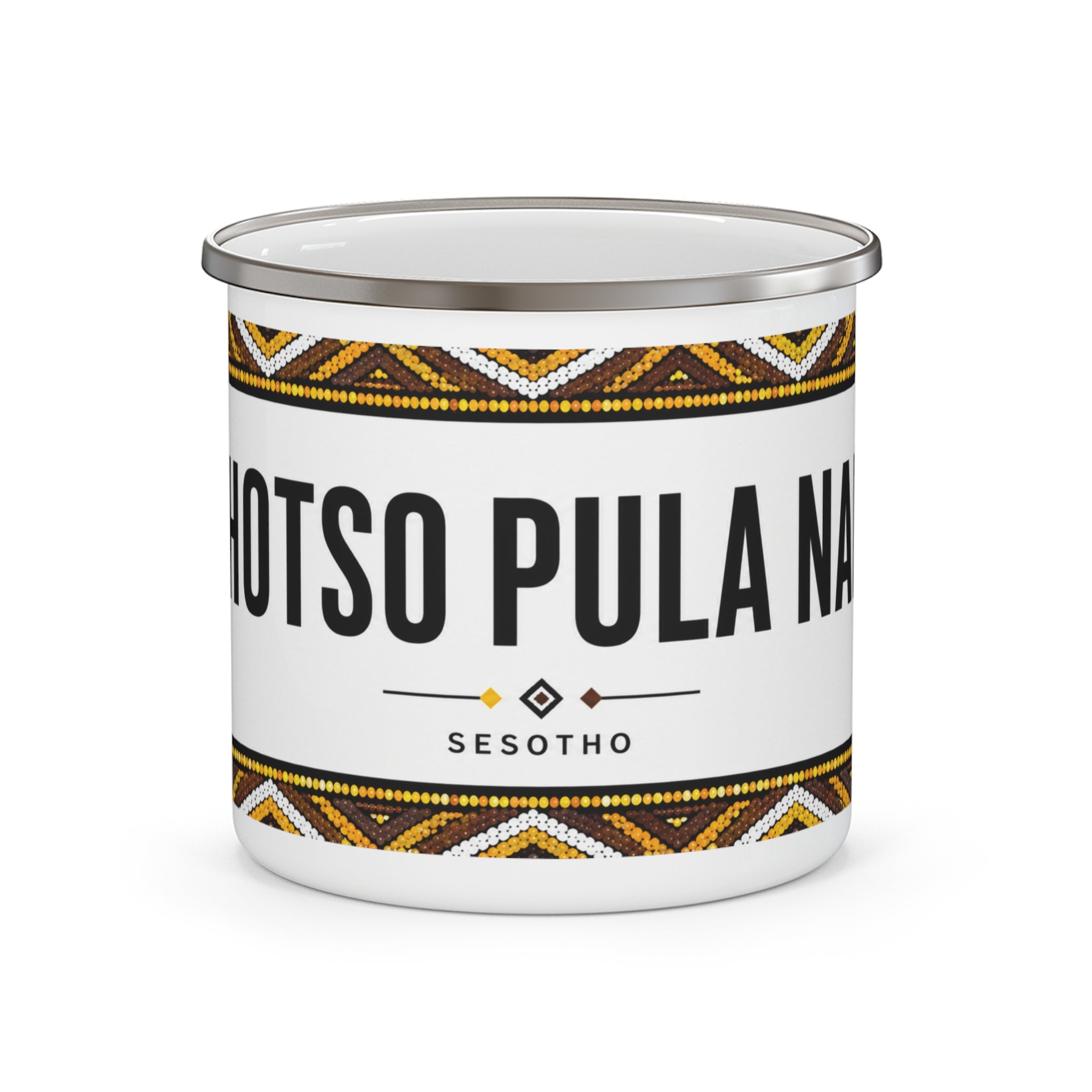 Enamel Camping Mug — "Khotso Pula Nala" Sesotho Tribal Pattern