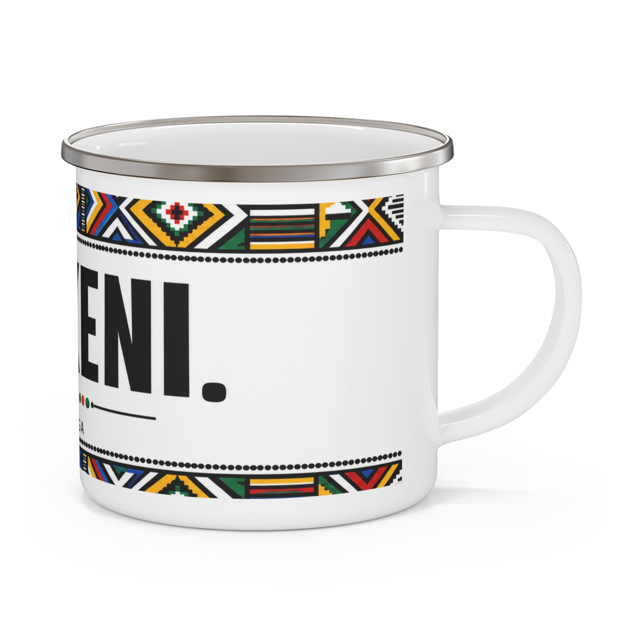 Enamel Camping Mug — 'Avuxeni' Xitsonga Tribal Pattern Outdoors Coffee Cup