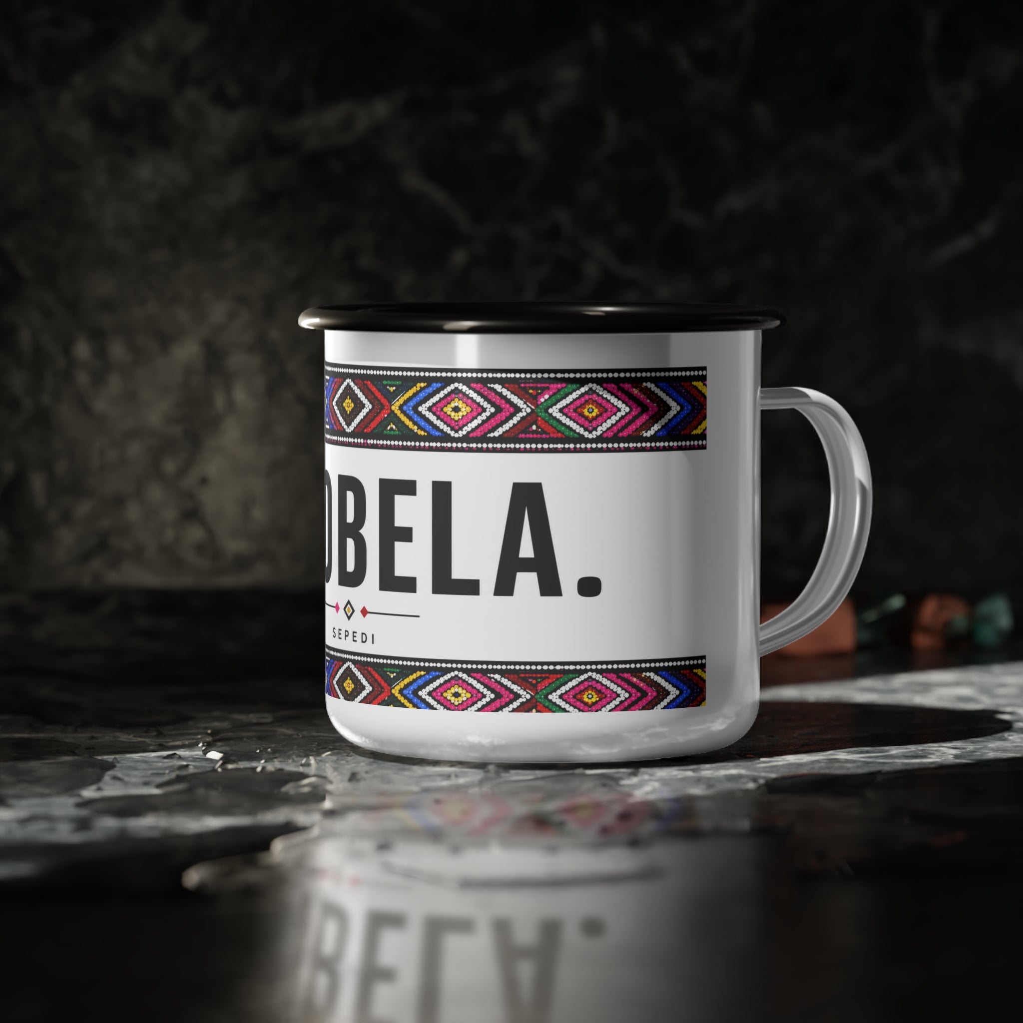Enamel Camp Cup — 'THOBELA' Sepedi Tribal Pattern Camping Mug