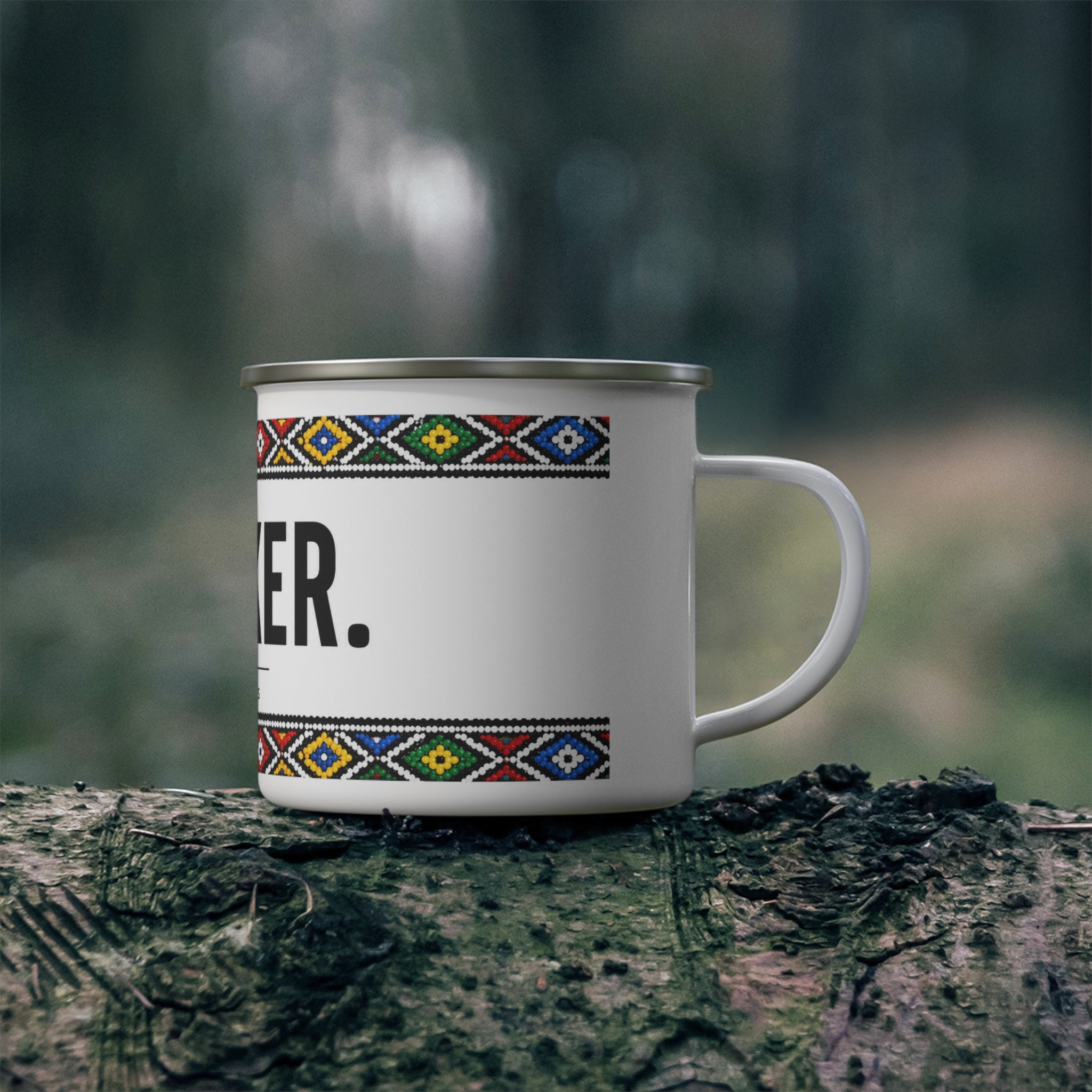 Lekker Enamel Camping Mug — South African Afrikaans Beverage Cup with Colorful Tribal Border
