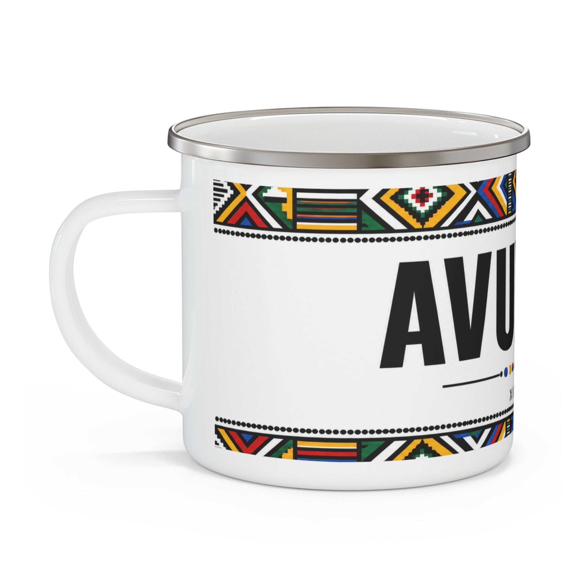 Enamel Camping Mug — 'Avuxeni' Xitsonga Tribal Pattern Outdoors Coffee Cup