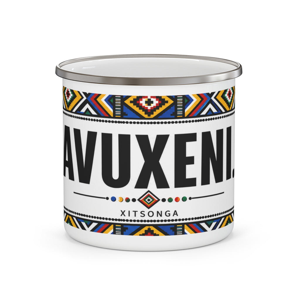 Enamel Camping Mug — 'Avuxeni' Xitsonga Tribal Pattern Outdoors Coffee Cup