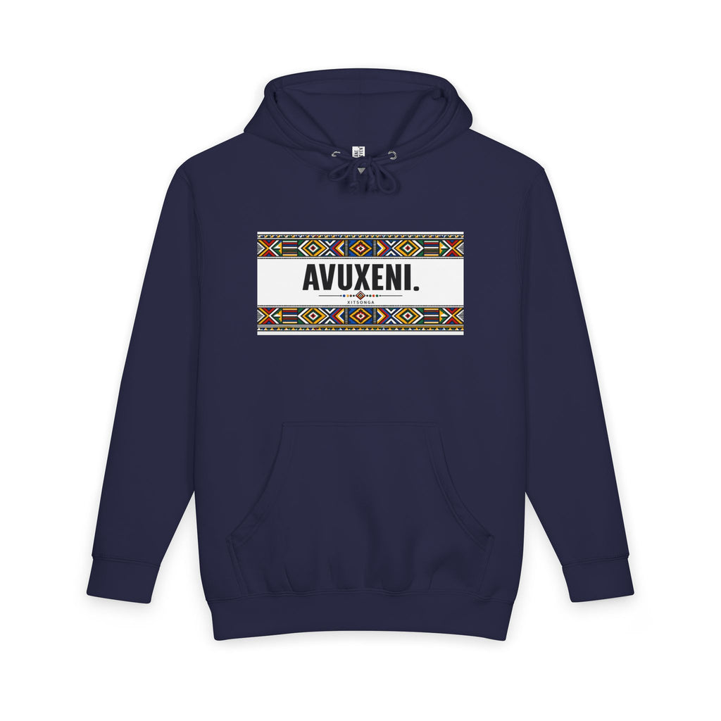 Avuxeni Hoodie — Indigenous Pattern Pullover with "Avuxeni" Text