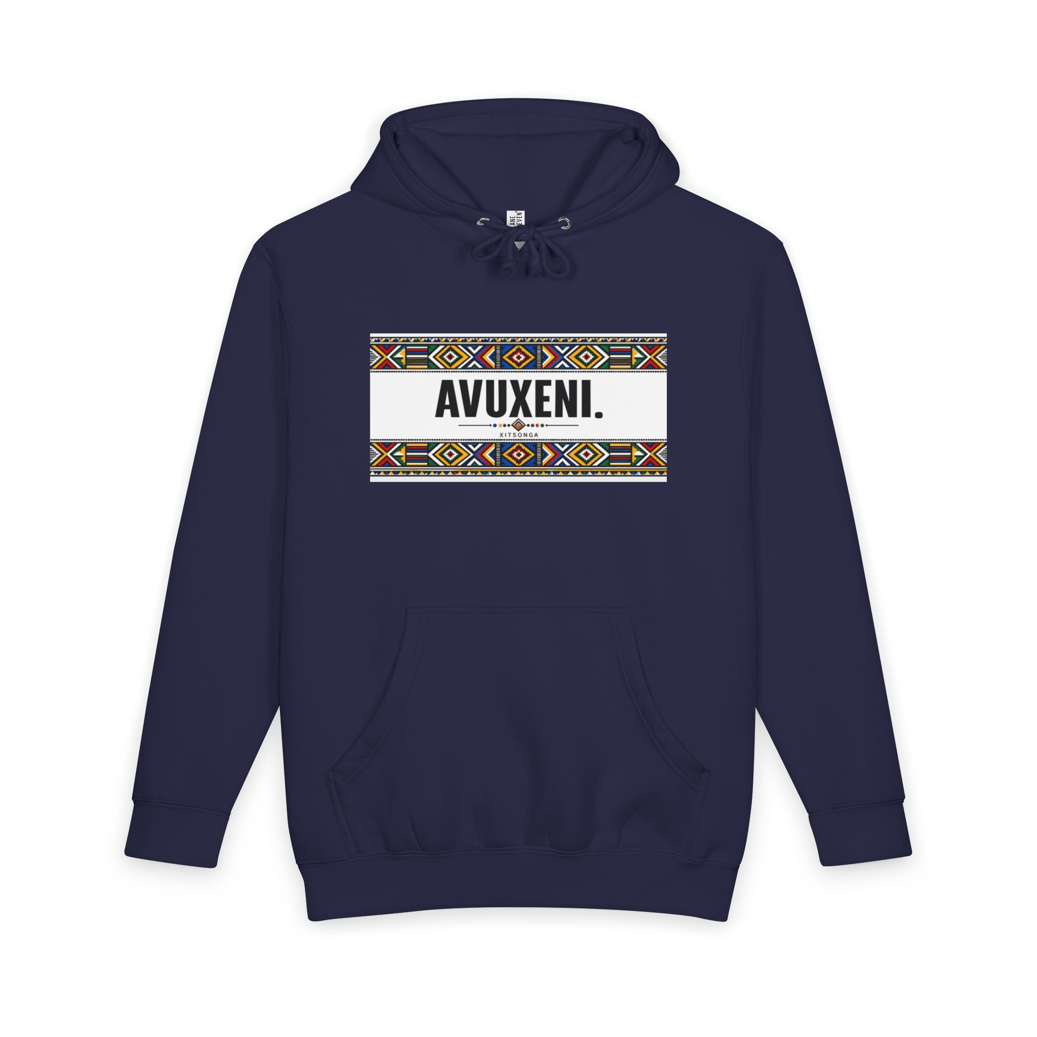 Avuxeni Hoodie — Indigenous Pattern Pullover with "Avuxeni" Text